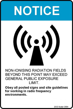 Transmission site large warning sign, zincalume steel, “Non-ionising radiation…” , blue – 300mm x 200mm